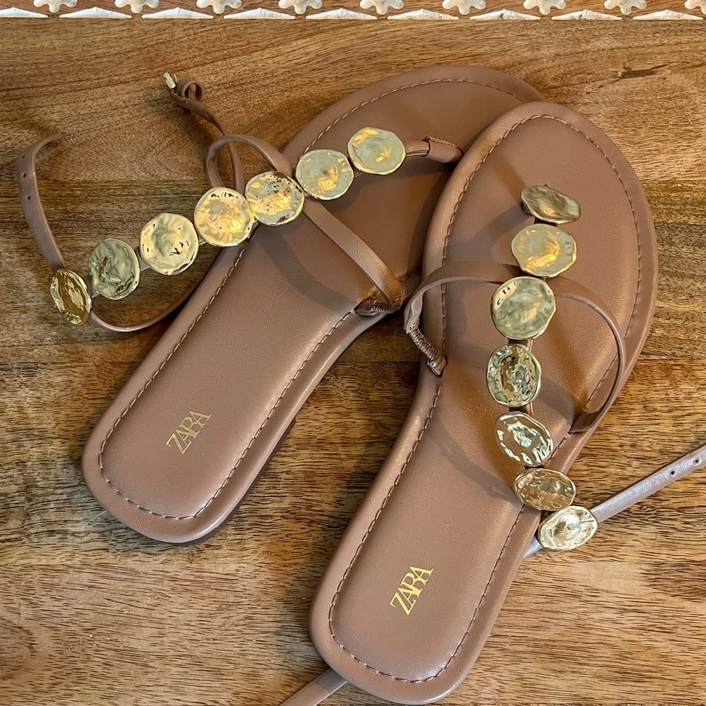 Zara Tan Leather T-Strap Sandals with Gold Disc Details - Picture 3 of 3